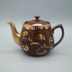 Vintage Gibsons England Brown Mottled Redware Teapot Gold Painted Small Tea Pot